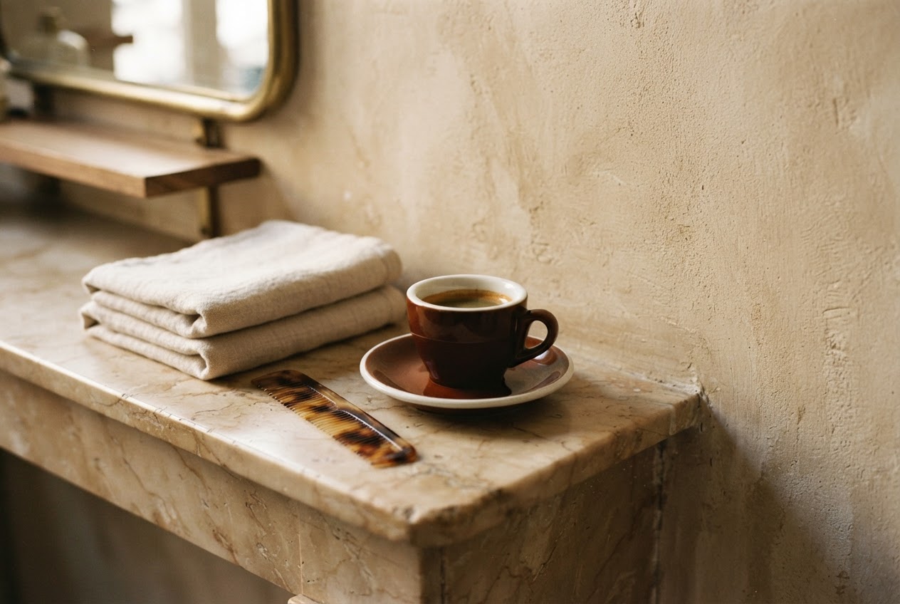 Een kopje espresso naast opgevouwen handdoeken en een kam in de salon
